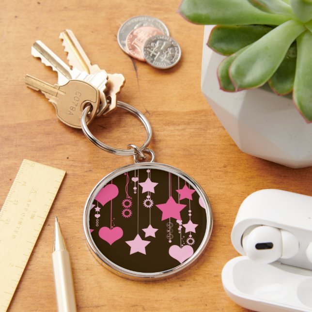 Pattern Of Hearts, Pattern Of Stars, Dots, Pink Keychain (Desk)
