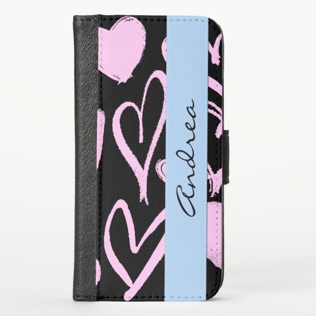 Pattern Of Hearts, Pink Hearts, Your Name iPhone Wallet Case (Front)