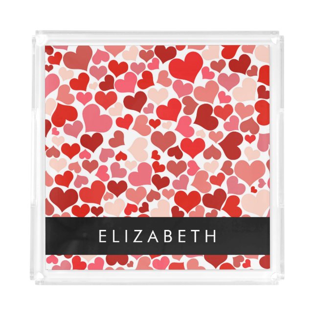 Pattern Of Hearts, Red Hearts, Love, Your Name Acrylic Tray (Front)