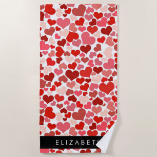 Pattern Of Hearts, Red Hearts, Love, Your Name Beach Towel