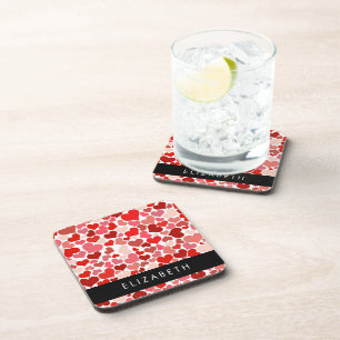Pattern Of Hearts, Red Hearts, Love, Your Name Beverage Coaster
