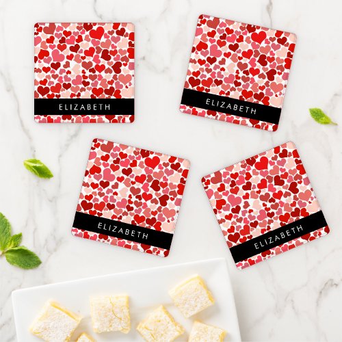 Pattern Of Hearts Red Hearts Love Your Name Coaster Set