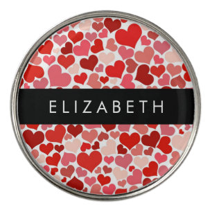 Pattern Of Hearts, Red Hearts, Love, Your Name Golf Ball Marker