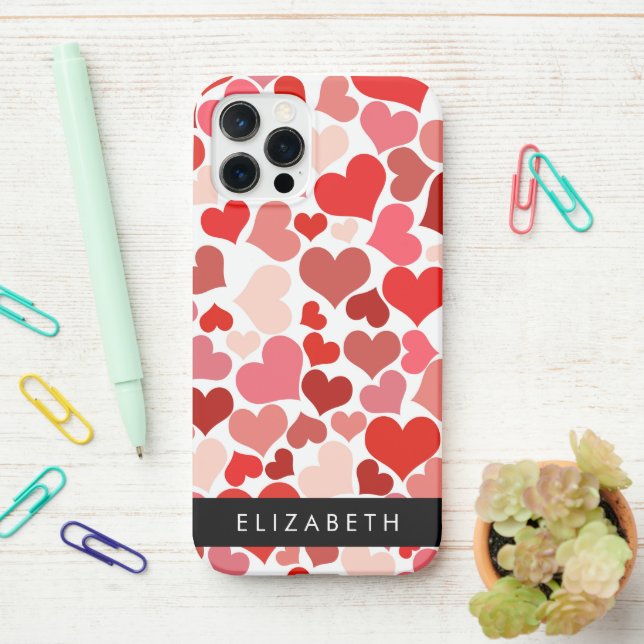 Pattern Of Hearts, Red Hearts, Love, Your Name iPhone Case (On Desk)