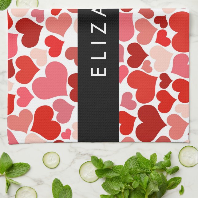 Pattern Of Hearts, Red Hearts, Love, Your Name Kitchen Towel (Folded)