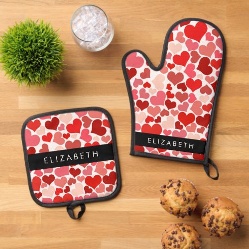 Pattern Of Hearts Red Hearts Love Your Name Oven Mitt  Pot Holder Set