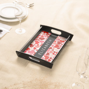 Pattern Of Hearts, Red Hearts, Love, Your Name Serving Tray