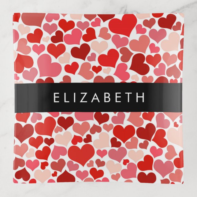 Pattern Of Hearts, Red Hearts, Love, Your Name Trinket Tray (Front)