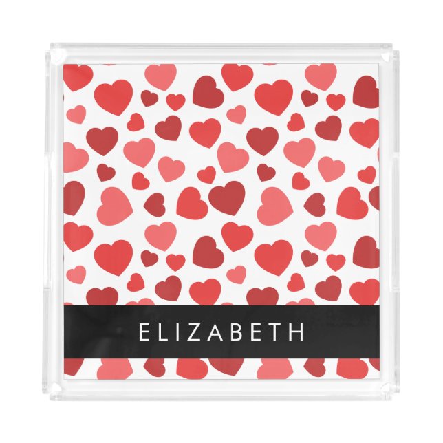 Pattern Of Hearts, Red Hearts, Your Name Acrylic Tray (Front)