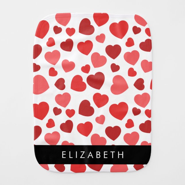 Pattern Of Hearts, Red Hearts, Your Name Baby Burp Cloth (Front)
