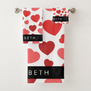 Pattern Of Hearts, Red Hearts, Your Name Bath Towel Set