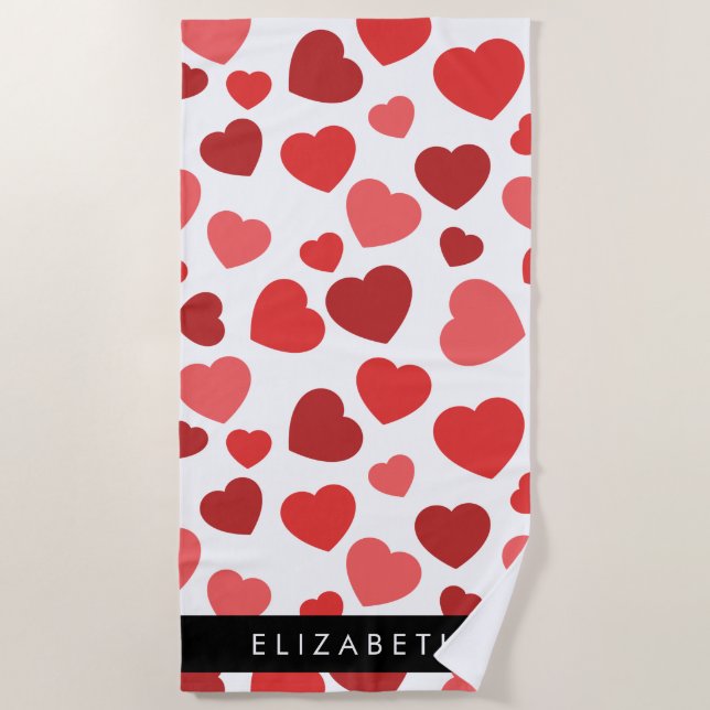 Pattern Of Hearts, Red Hearts, Your Name Beach Towel (Front)