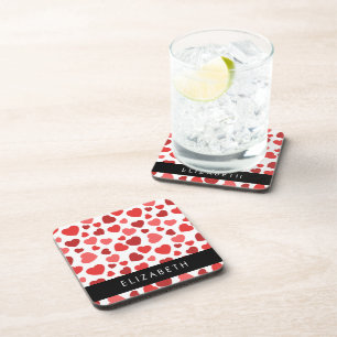 Pattern Of Hearts, Red Hearts, Your Name Beverage Coaster