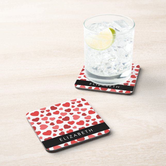 Pattern Of Hearts, Red Hearts, Your Name Beverage Coaster (Right Side)