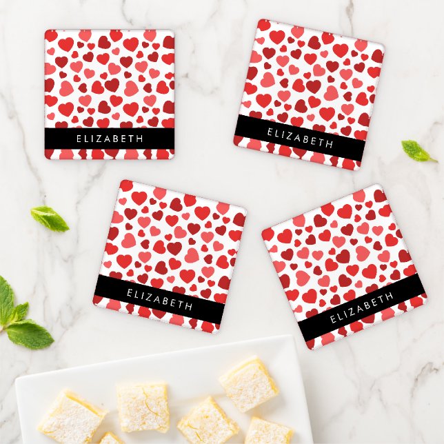 Pattern Of Hearts, Red Hearts, Your Name Coaster Set (In Situ)