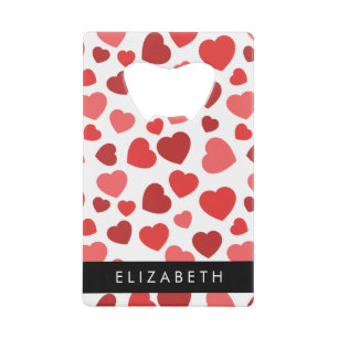 Pattern Of Hearts, Red Hearts, Your Name Credit Card Bottle Opener