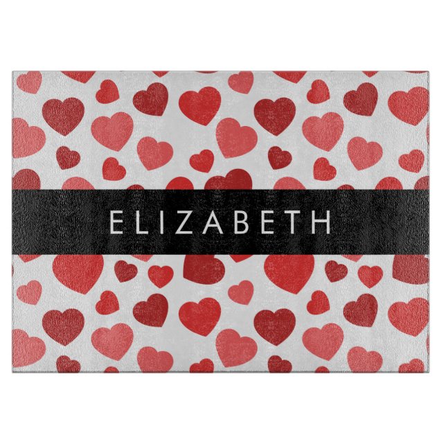 Pattern Of Hearts, Red Hearts, Your Name Cutting Board (Front)