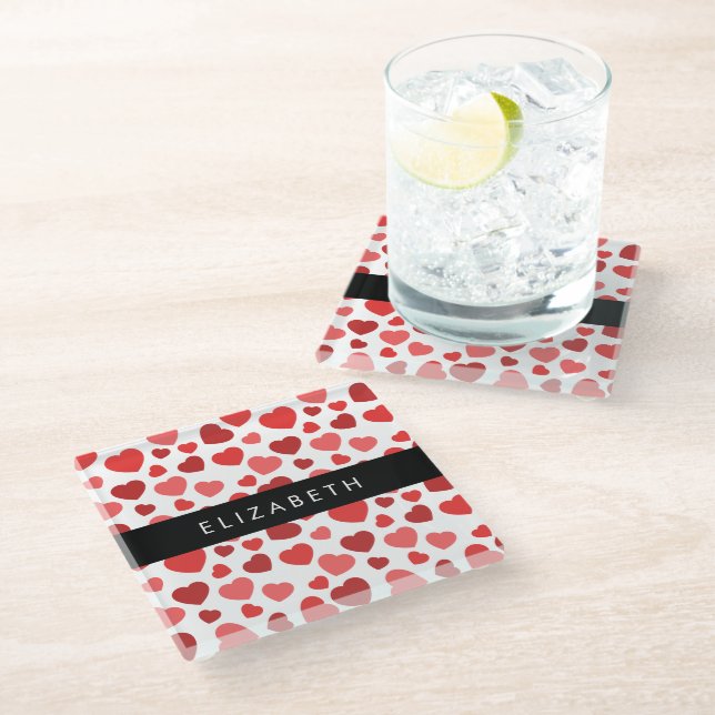 Pattern Of Hearts, Red Hearts, Your Name Glass Coaster (Angled)