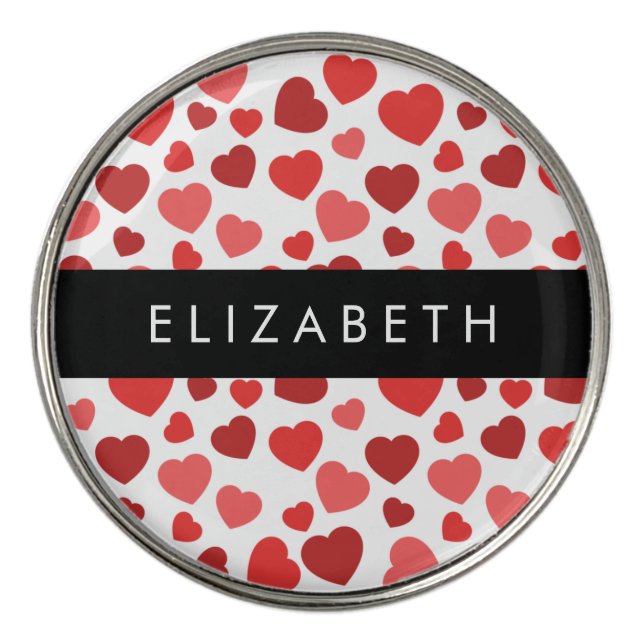 Pattern Of Hearts, Red Hearts, Your Name Golf Ball Marker (Front)