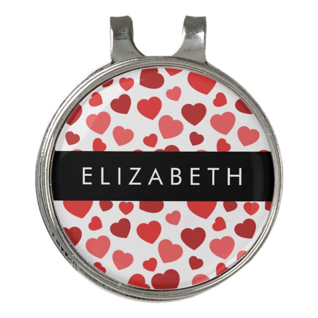 Pattern Of Hearts, Red Hearts, Your Name Golf Hat Clip (Front)