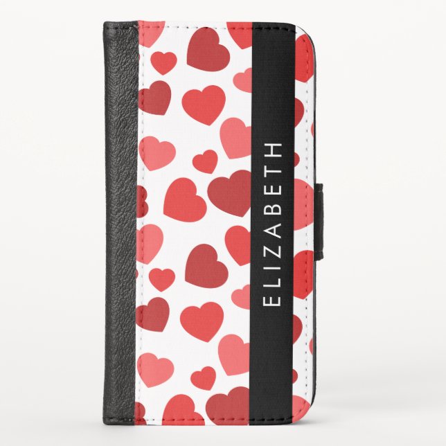Pattern Of Hearts, Red Hearts, Your Name iPhone Wallet Case (Front)