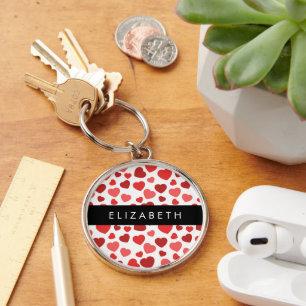 Pattern Of Hearts, Red Hearts, Your Name Keychain