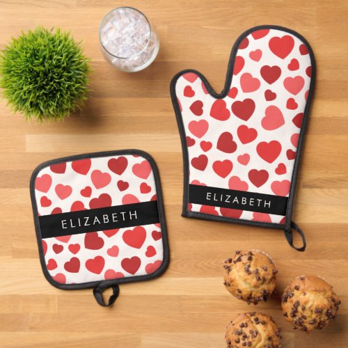 Pattern Of Hearts Red Hearts Your Name Oven Mitt  Pot Holder Set