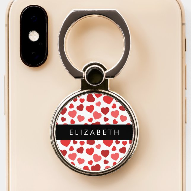 Pattern Of Hearts, Red Hearts, Your Name Phone Ring Stand (Close Up)