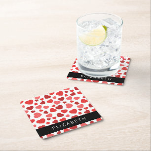 Pattern Of Hearts, Red Hearts, Your Name Square Paper Coaster