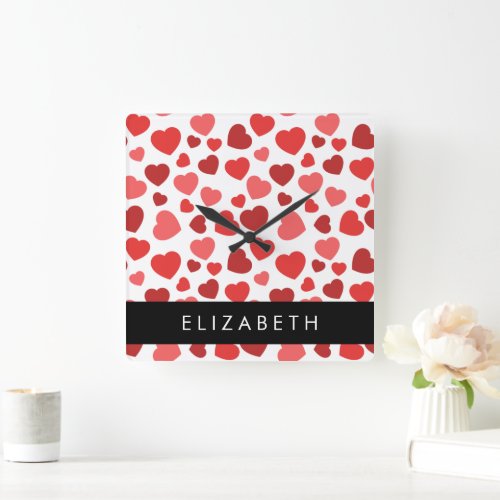 Pattern Of Hearts Red Hearts Your Name Square Wall Clock