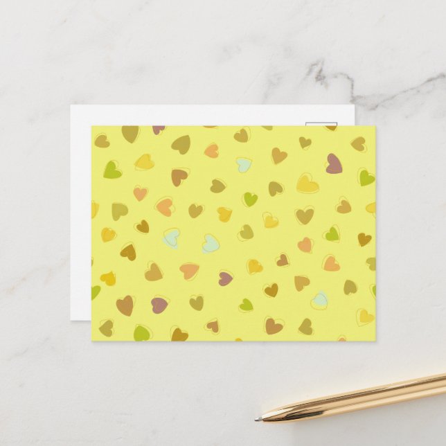Pattern Of Hearts, Yellow Hearts, Hearts Pattern Postcard (Front/Back In Situ)
