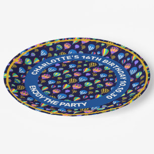 Pattern Of Hot Air Balloons. Navy Blue Background Paper Plates