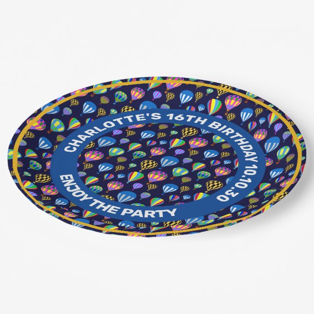 Pattern Of Hot Air Balloons. Navy Blue Background Paper Plates (Angled)