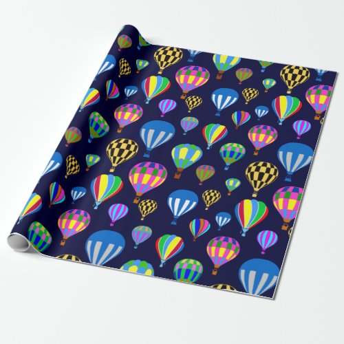 Pattern Of Hot Air Balloons Navy Blue Background Wrapping Paper
