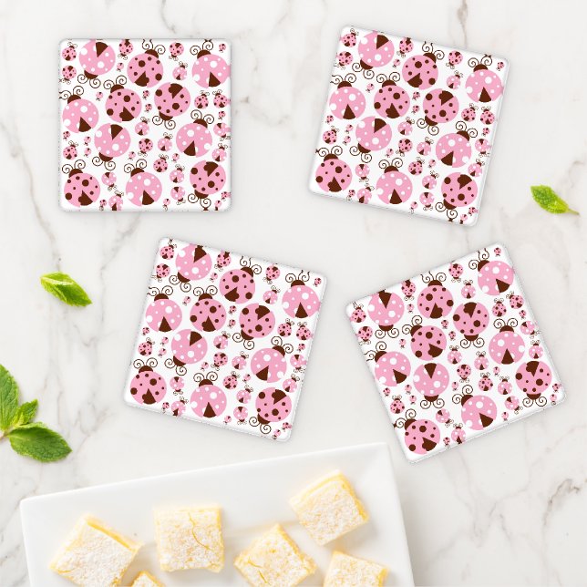 Pattern Of Ladybugs, Cute Ladybugs, Pink Ladybugs Coaster Set (In Situ)