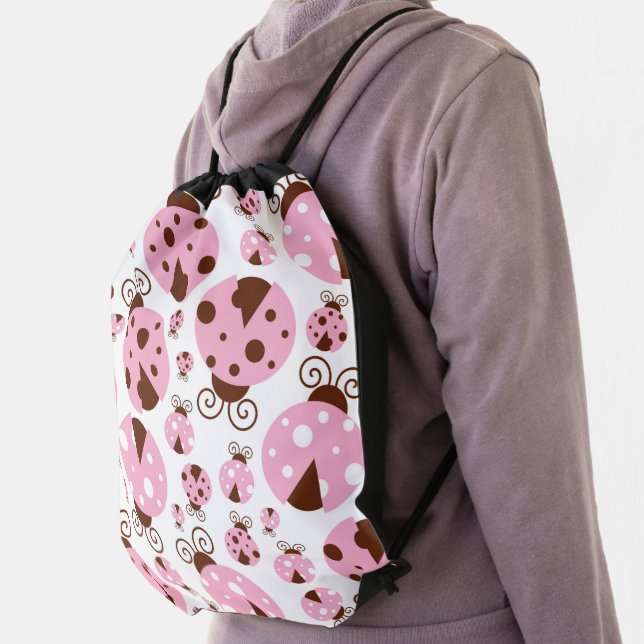 Pattern Of Ladybugs, Cute Ladybugs, Pink Ladybugs Drawstring Bag (Insitu)