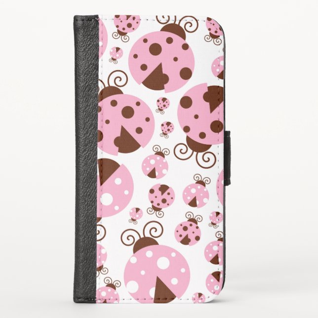 Pattern Of Ladybugs, Cute Ladybugs, Pink Ladybugs iPhone Wallet Case (Front)