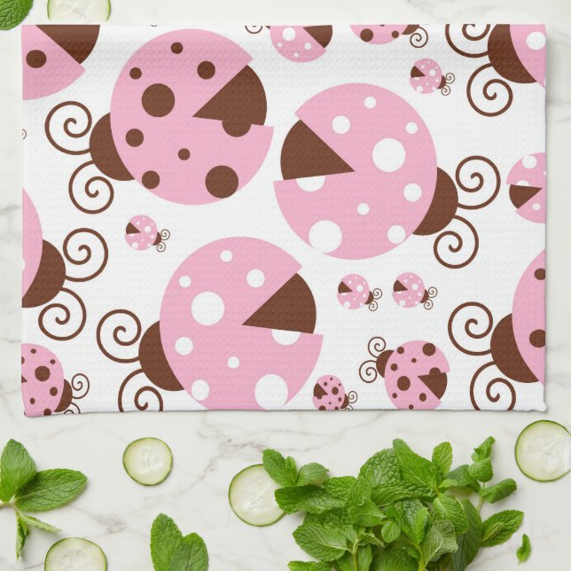 Pattern Of Ladybugs, Cute Ladybugs, Pink Ladybugs Kitchen Towel (Folded)