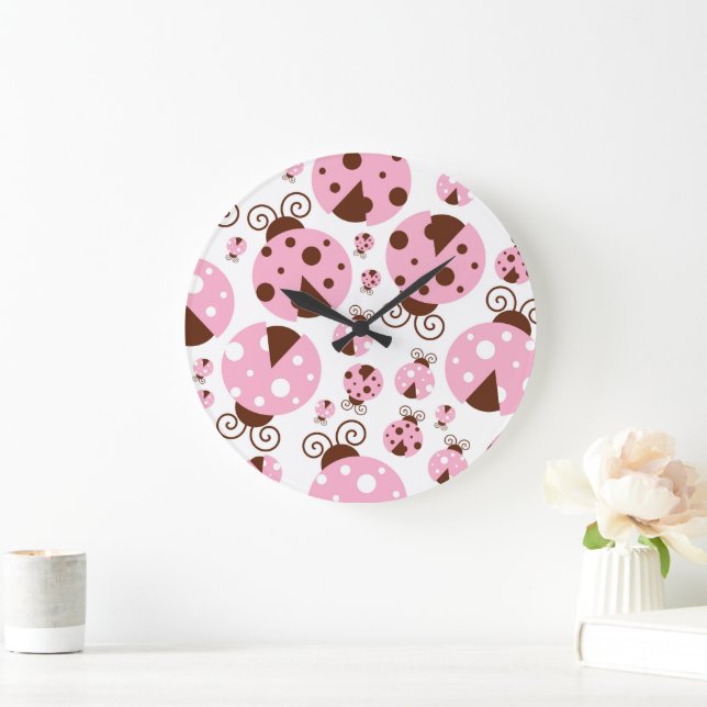 Pattern Of Ladybugs, Cute Ladybugs, Pink Ladybugs Large Clock (Home)