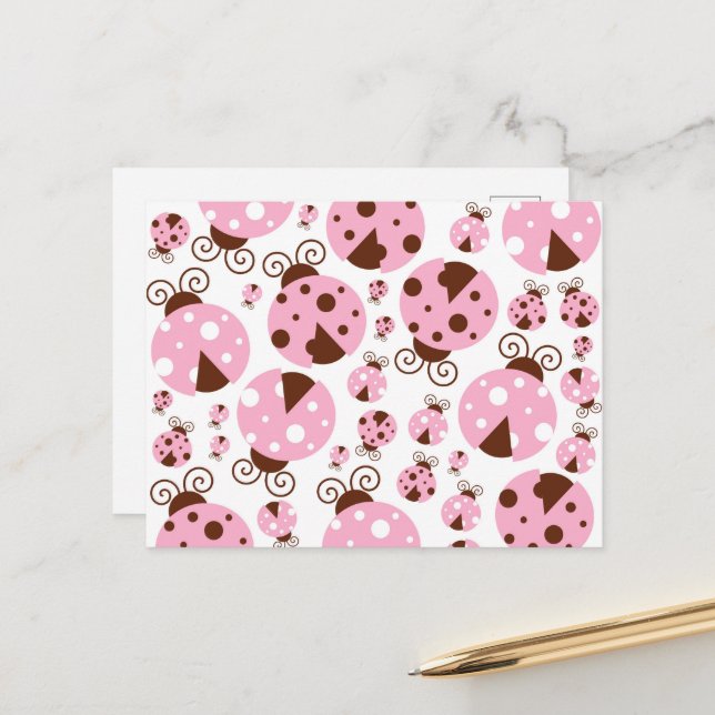 Pattern Of Ladybugs, Cute Ladybugs, Pink Ladybugs Postcard (Front/Back In Situ)