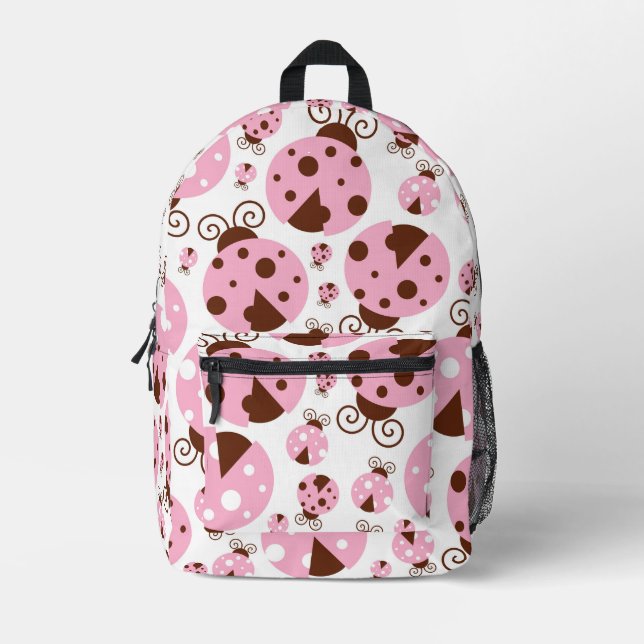 Pattern Of Ladybugs, Cute Ladybugs, Pink Ladybugs Printed Backpack (Front)
