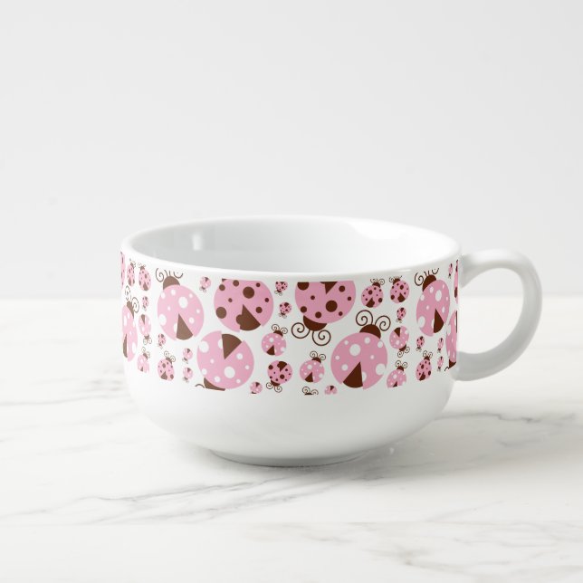 Pattern Of Ladybugs, Cute Ladybugs, Pink Ladybugs Soup Mug (Left)