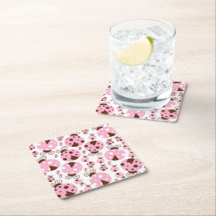 Pattern Of Ladybugs, Cute Ladybugs, Pink Ladybugs Square Paper Coaster