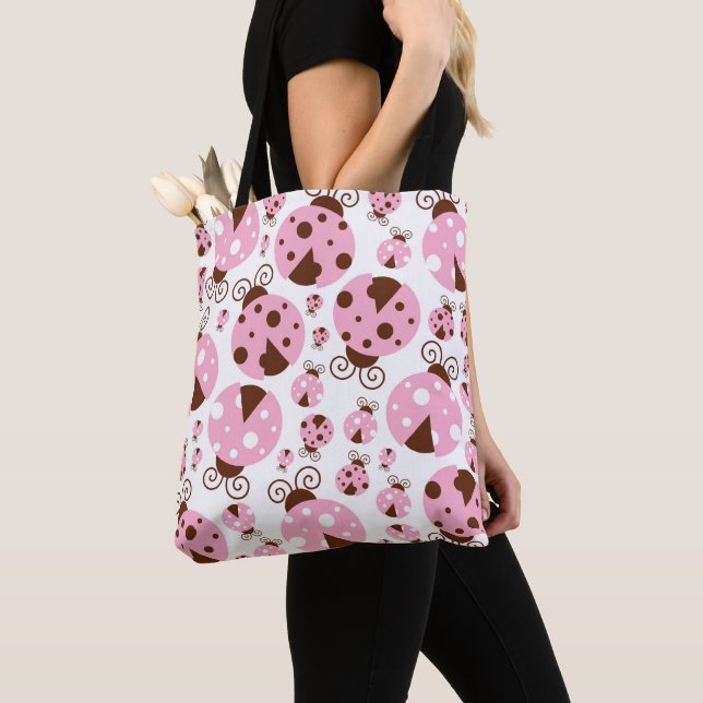 Pattern Of Ladybugs, Cute Ladybugs, Pink Ladybugs Tote Bag (Close Up)
