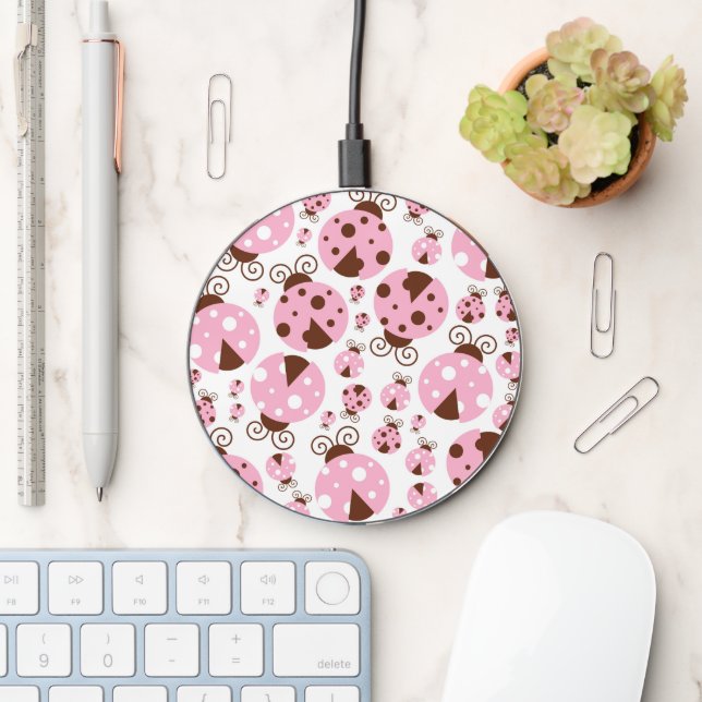 Pattern Of Ladybugs, Cute Ladybugs, Pink Ladybugs Wireless Charger (Desk)
