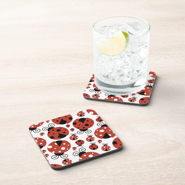 Pattern Of Ladybugs, Cute Ladybugs, Red Ladybugs Beverage Coaster (Right Side)