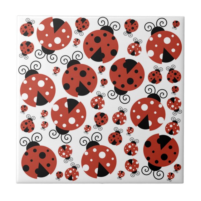 Pattern Of Ladybugs, Cute Ladybugs, Red Ladybugs Ceramic Tile (Front)