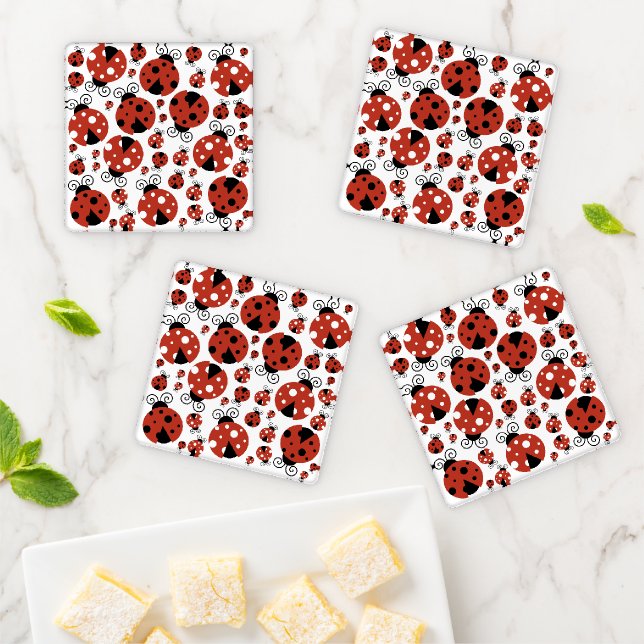 Pattern Of Ladybugs, Cute Ladybugs, Red Ladybugs Coaster Set (In Situ)