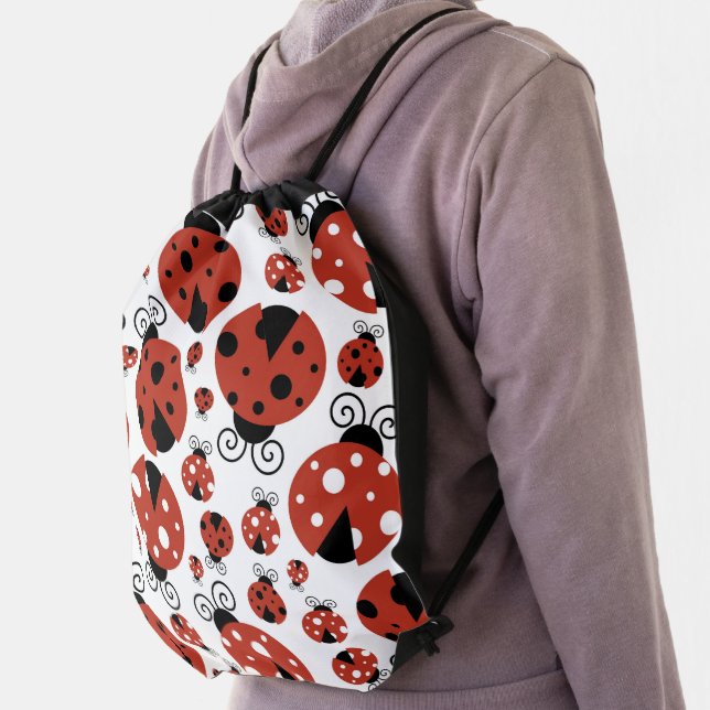 Pattern Of Ladybugs, Cute Ladybugs, Red Ladybugs Drawstring Bag (Insitu)