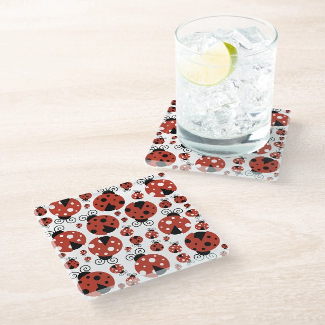 Pattern Of Ladybugs, Cute Ladybugs, Red Ladybugs Glass Coaster (Angled)